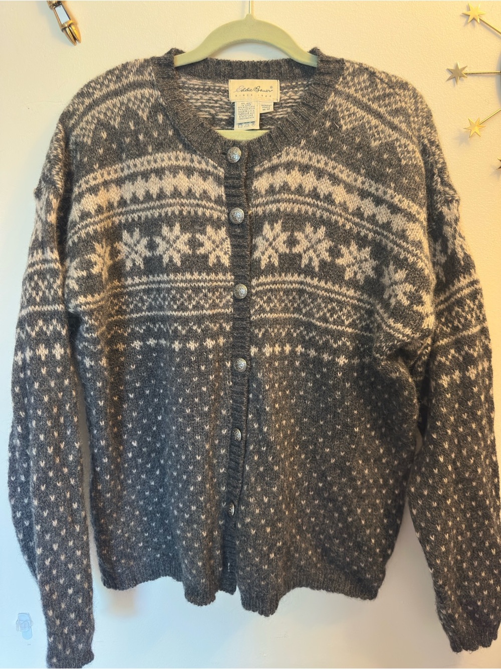 Eddie Bauer Gray and Cream Fair Isle Wool Cardigan